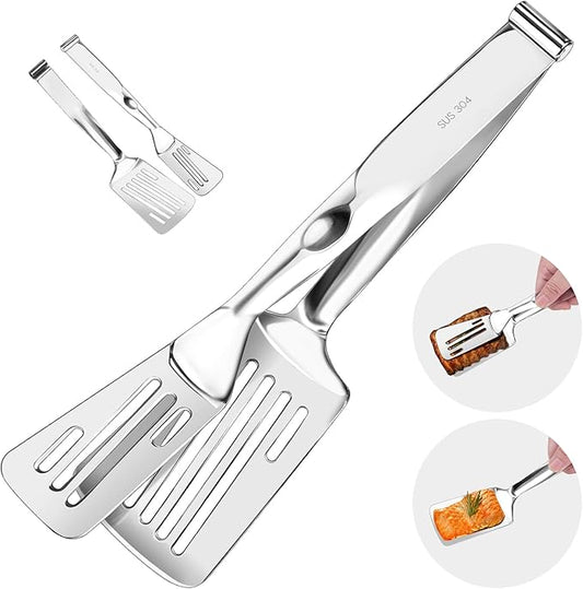 Nezylaf Kitchen Tongs 11.8 Inch 304 Stainless Steel, 2-in-1 Detachable Design | Tongs for Cooking Grilling Frying | Multi-Function Spatula Tongs with Oil Drain Holes