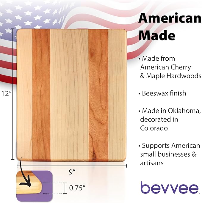 Maple and Cherry Wood Cutting Board - American Made in USA - Unique Kitchen Gifts - Small 9 x 12 inch
