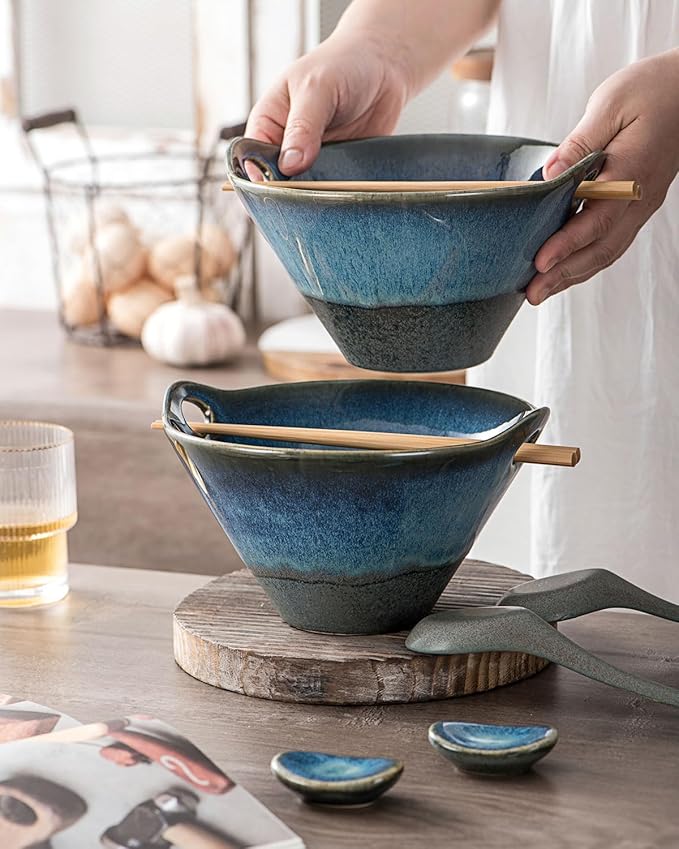 UNICASA Japanese Ramen Bowl Set with Chopsticks, Spoons and Rests, 26oz Deep Porcelain Noodle Bowl Set of 2 for Udon, Pho, Salad, Soup (Volcano Blue)