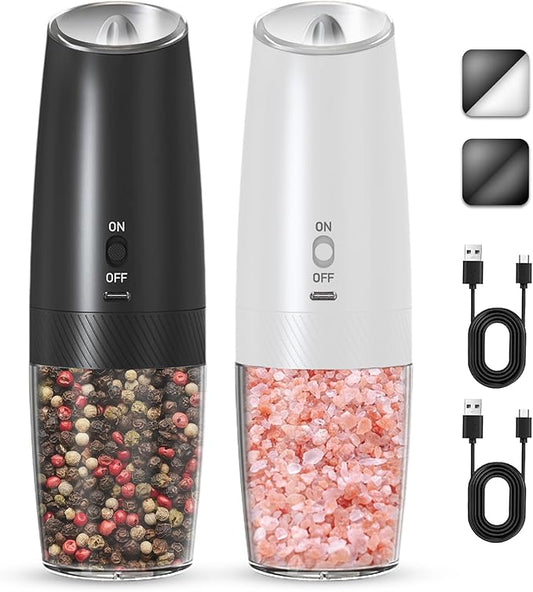 Rechargeable Electric Salt and Pepper Grinder Set, Gravity Activated, Adjustable Coarseness, LED Light, USB Charging, Ceramic Core, 150ml Transparent Hopper, Black + White