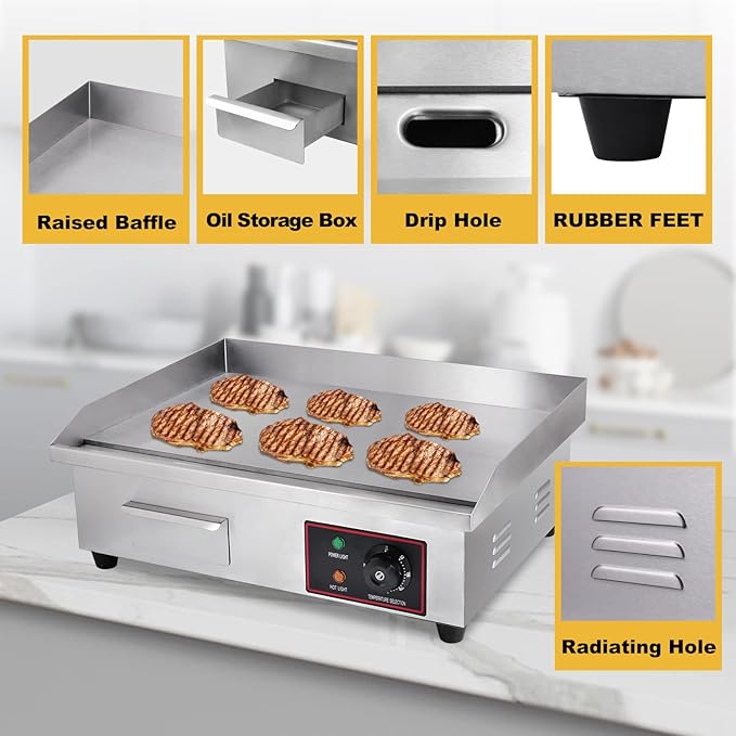 Heuyrao 22" Commercial Electric Griddle, 3000W 110V Electric Flat Top Grill, Countertop Griddle with Shovels and Brushes for Restaurant Kitchens