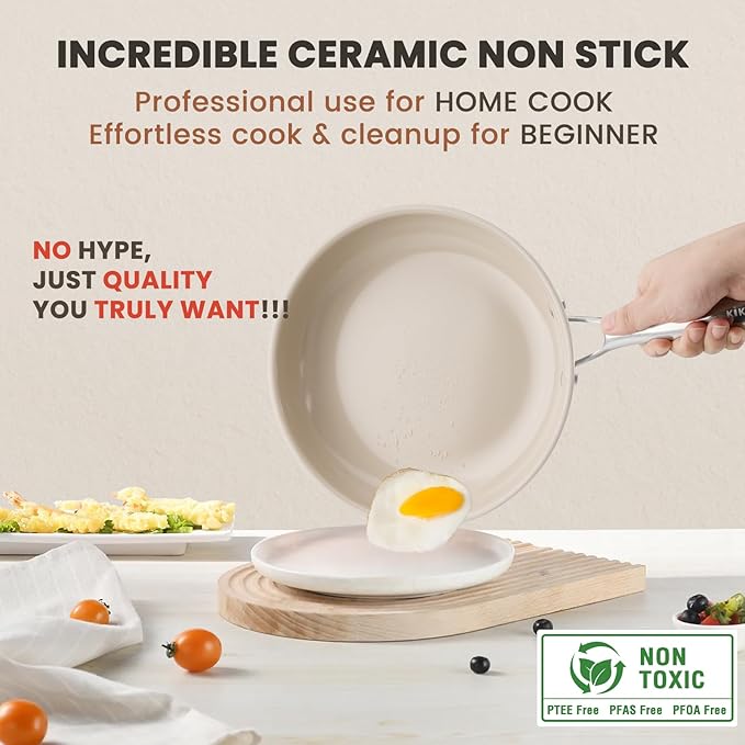 Kikcoin Small Frying Pan Nonstick, 8-Inch Ceramic Frying Pan Skillet, Non Toxic Cookware Cooking Pan with Stay Cool Handle, Egg Pan Omelet Pans, PFAS & PTFE & PFOA Free, Dishwasher & Oven Safe