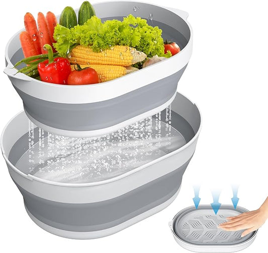2 in 1 Collapsible Sink Basin - 5.3 QT Foldable Fruit Washing Bowl with Strainer - Silicone Collapsible Colander for Kitchen Organization RV Camping
