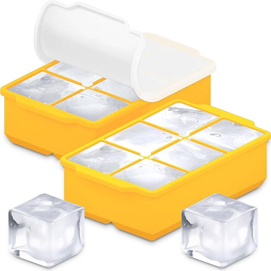 KitchFort Large Silicone Ice Cube Tray (2-Pack), Easy Release 2" Big Ice Cubes - Cocktail, Whiskey Ice Cubes Mold - Ice Trays for Freezer with Lid - Stackable Silicone Ice Tray - Mustard Yellow
