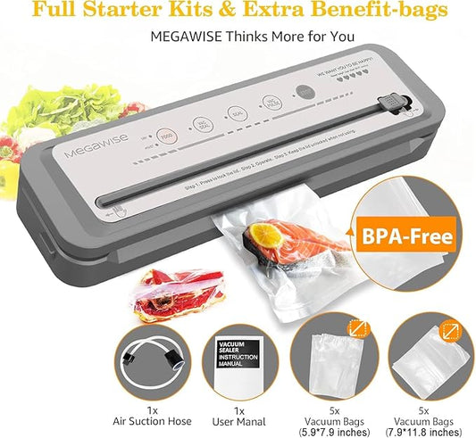 MEGAWISE Updated Vacuum Sealer Machine，MEGAWISE Food Sealer w/Starter Kit (Grey)