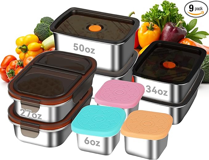 YUANYE 9 Pack 50/34/27/6oz Stainless Steel Food Storage Containers Sets, Leak-Proof Airtight Lunch Box with Lids, Small Snack Containers Oven/Dishwsher/Freezer Safe for Meal Prep, School, Work, Picnic