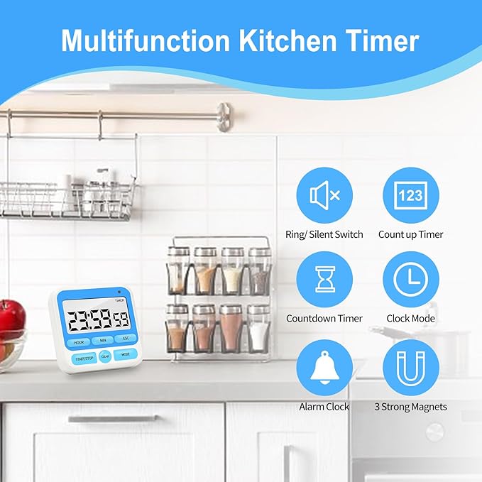 Multifunctional Kitchen Timer with Silent/Alert Mode, 24-Hour Clock, Memory Recall, Fast-Forward, and Magnetic Back for Cooking, Baking, Teaching(Blue