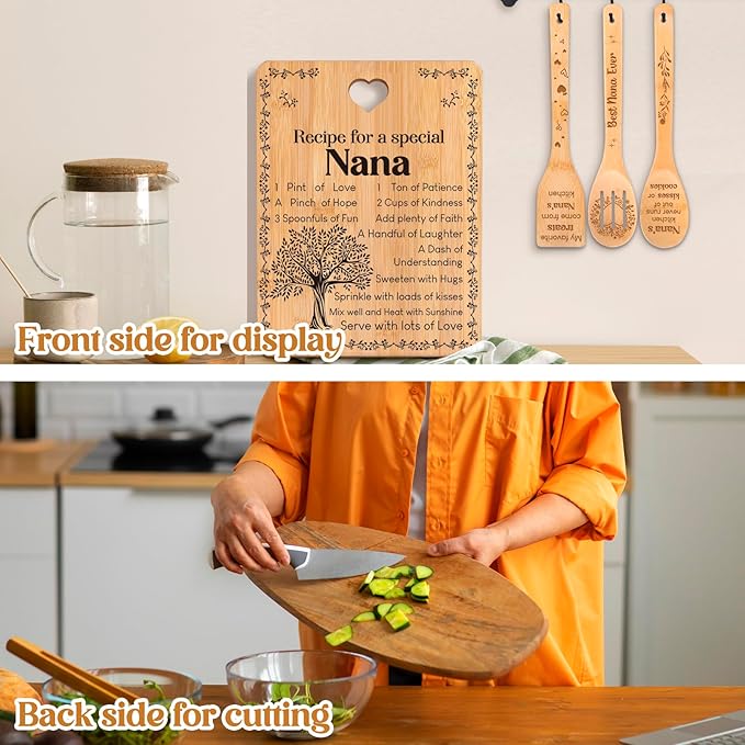 Gifts for Nana - "Recipe for a Special Nana" Nana Birthday Gifts Cutting Board Set, Bamboo-Made Engraved Utensil Set Nana Birthday Gifts, Grammy/Nanny/Granny/Gran Presents