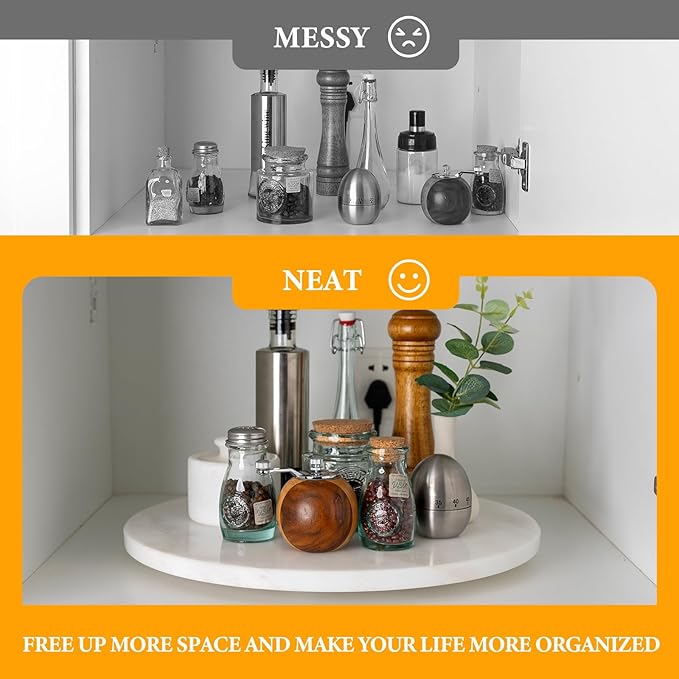Koville 16'' White Marble Lazy Susan for Kitchen Counter, Marble Turntable for Dinning, Lazy Susans Organizer for Cabinet, Serving Rotation Spinning Tabletop Organizer Swiveling, Spice Rack Storage