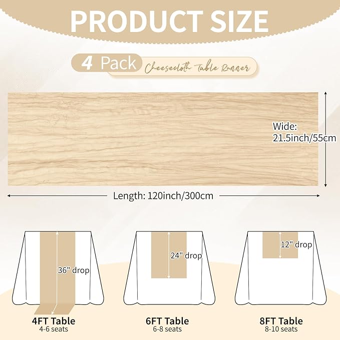4 Pack Beige Cheesecloth Table Runner 10Ft, Gauze Table Runners 21.5 x 120 inch,Semi Sheer Cheese Cloth Fabric Runner Bulk for Wedding,Party,Baby Shower,Bridal Shower