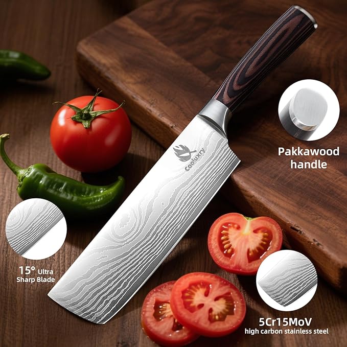 Nakiri Knife - Professional 7" Razor Sharp Meat Cleaver and Vegetable Kitchen Knife, Vegetable Chopping Knife, High Carbon Stainless Steel Blade with Ergonomic Handle