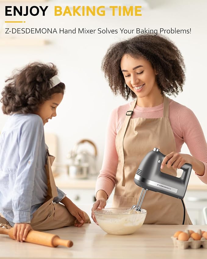 Z-DESDEMONA Electric Hand Mixer, Powerful Hand Mixer Electric Handheld with 304 Beaters, Dough Hook,Hand Held Mixer with Turbo for Baking Cakes, Eggs, Cream Food(Grey)