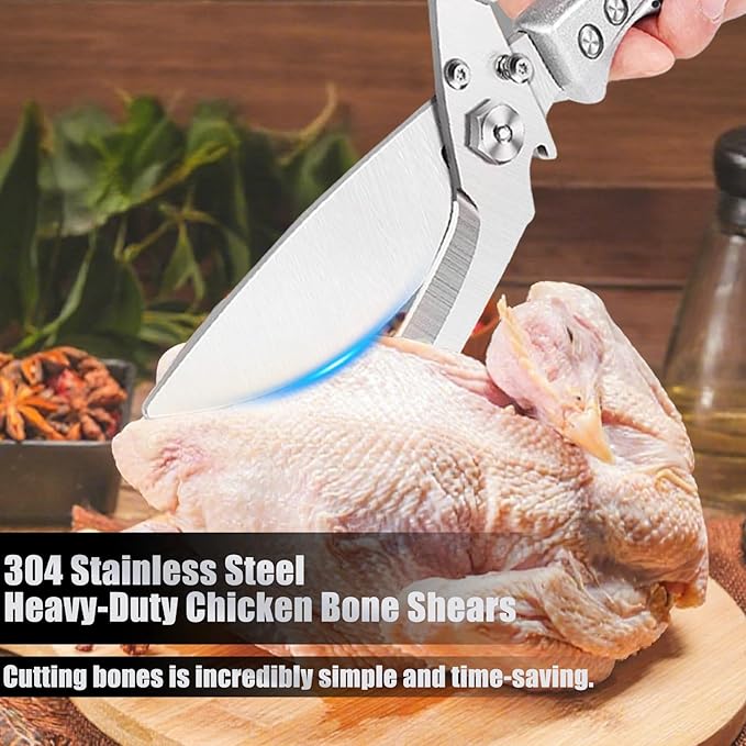Professional Heavy Duty Kitchen Shears for Food – All in one Stainless Steel Chicken Shears Cut Bones, Meat, Fish Scales, Bottle Opener, Dishwasher Safe, Gift for Christmas Thanksgiving，Silver