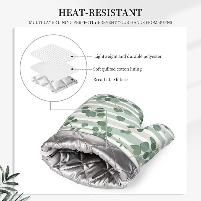 Eucalyptus Branches Silicone Oven Mitts and Pot Holders Sets Green Tropical Leaves Watercolor Kitchen Mitts Potholder Kitchen Accessories for Cooking Baking BBQ
