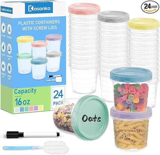 24 Piece 16 oz Plastic Food Storage Containers with Lids, Reusable Freezer Storage Containers, Meal Prep Containers with Pen and Brush, BPA-Free, Screw Top, Microwave & Dishwasher Safe