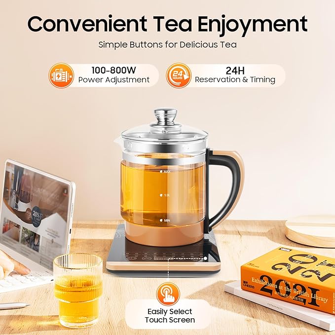 Bepritm 1.8L Multifunctional Electric Glass Kettle & Health Pot – 100-800W Hot Tea Maker, Auto Boiling Water Kettle with Filter, for Coffee, Herbal Decoction & Soup (110V) (Brown)