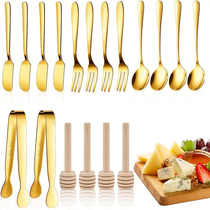 Charcuterie Board Accessories, 18 Pcs Gold Stainless Steel Spreader Knives Set Include Mini Serving Tongs, Cheese Butter Knives, Spoons, Forks, Honey Dippers