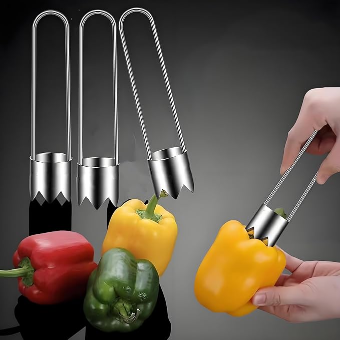 Fruit and Vegetable Corer Pepper Seed Apple Remover Bell Pepper Tomato Corer Tool Stainless Steel Kitchen Gadget (2 Pepper Corer + Grape cutter)