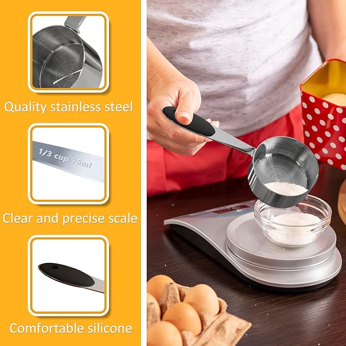 1PCS 1/3Cup (79ml, 2.7oz) Single Measuring Cup with Black Silicone Grip, Stainless Steel Individual Measure Scoop Only