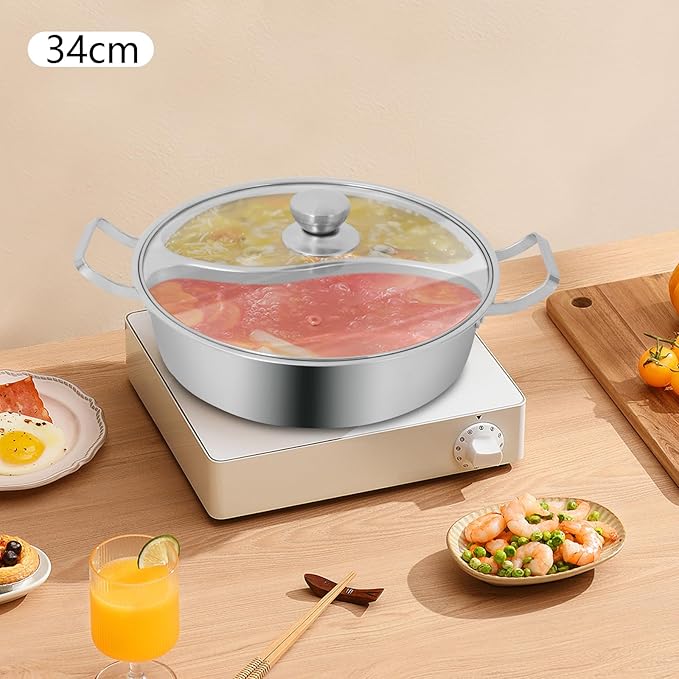 Double-flavor Hot Pot, Stainless Steel Soup Cookware with Divider & Clear Lid, for Induction Cooktop, Gas Stove & Hot Burner Shabu Pot with Cooking Pot for Family Gathering Home Camping Party (12.8in)