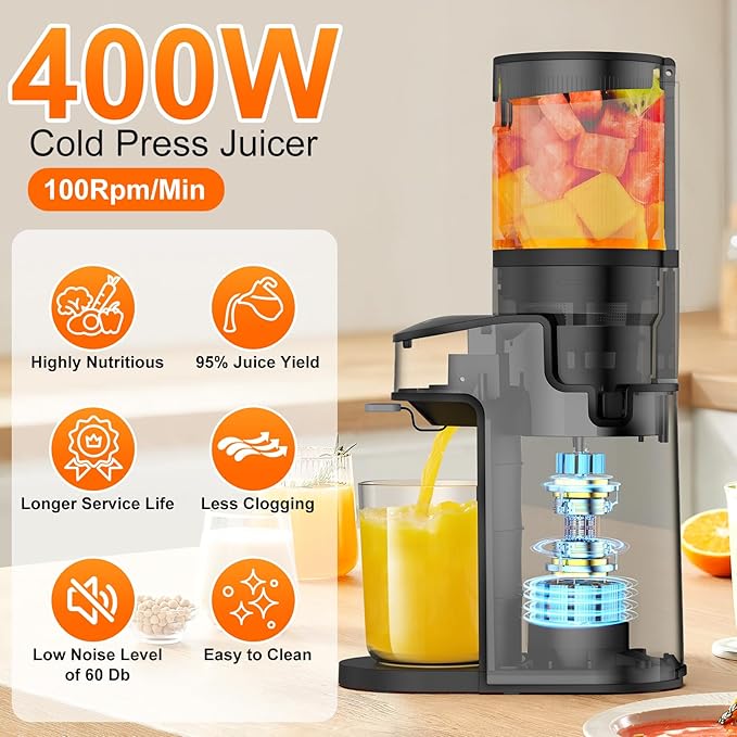 CFR637 Cold Press Juicer,400W Slow Masticating Juicer,4.9"Wide Feed Chute Juicer Machines for Whole Vegetables & Fruits,Advanced Touch Sensing Switch, (Silver)