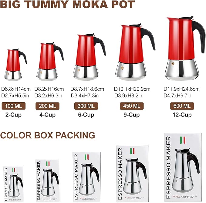 6 Cup Stovetop Espresso Maker Stainless Steel Moka Pot Stove Top Percolator Italian Coffee Makers Capable Mocha Greca Machine Cafe Classic Induction Cookers for Home and Camping 300ml 10oz