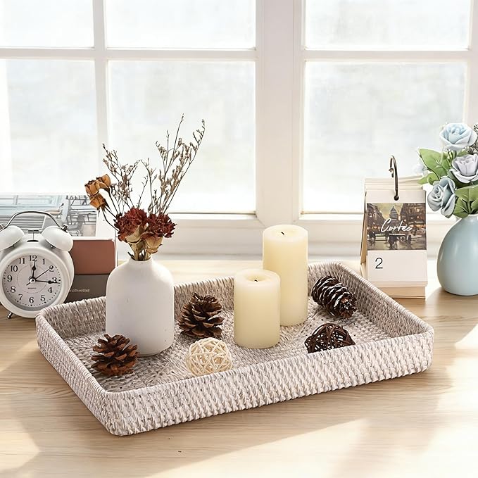 Hipiwe Rattan Serving Tray Whitewash Decorative Woven Trays for Organizing Bread Fruit Basket Rectangular Desktop Organizer for Kitchen Bathroom, 14.8" x 9" x 1.8"