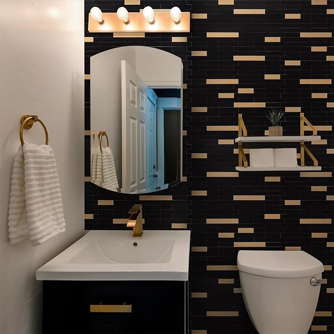 20 Sheets Peel and Stick Tile Backsplash, Black with Metal Gold Look Stick on Tile Upgrade Your Kitchen Backsplash, RV, Fireplace