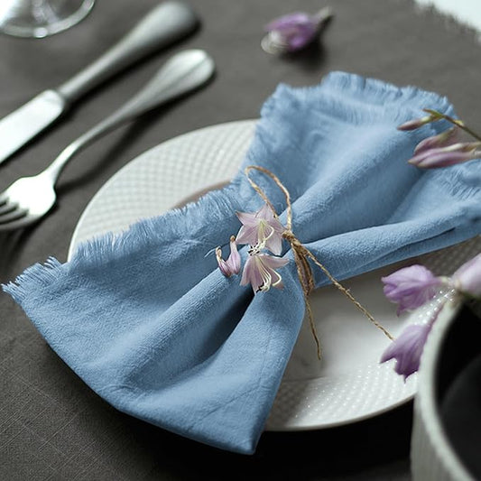 Handmade Cloth Napkins 100% Cotton Napkins with Fringe，Delicate Handmade Cloth Napkins for Dinners, Parties, Weddings and More，18 x 18 Inch Set of 6 - Blue