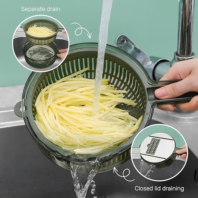 Mandoline Slicer with Hand Protector, Interchangeable Blade Vegetable Slicer Mandoline, Cucumber Slicer with Colander for Potato, Tomato, Carrot (Green)