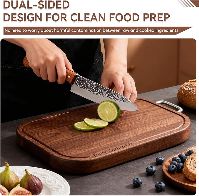 Pusgrew Natural Ebony Wood Cutting Board - 14.5"×9.5"×1" Solid Double-Sided Butcher Block with Deep Juice Groove & Non-Slip Feet, Food-Grade Chopping Board for Meat, Veggie, Fruit (Kitchen Essential)