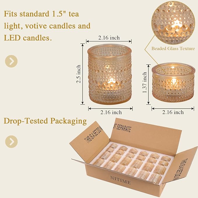 24pcs Gold Assorted Votive Candle Holders, Polka Dot Tea Light Candle Holder Glass for Wedding Centerpieces, Gold Candle Holder for Table Centerpiece, Party, Holiday and Home Decor
