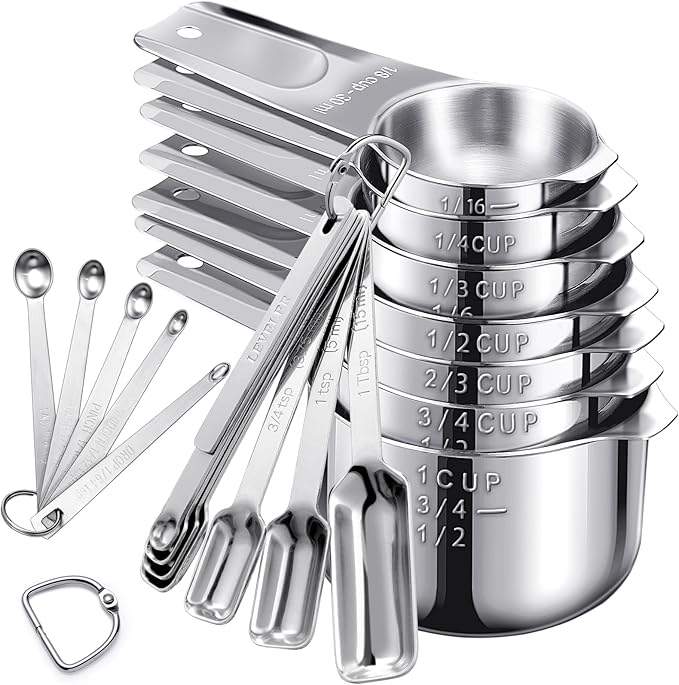 20Pcs Measuring Cups and Spoons Set, Includes 7pcs Stainless Steel Measuring Cups, 12 Measuring Spoons with Leveler for Cooking & Baking, Dishwasher Safe