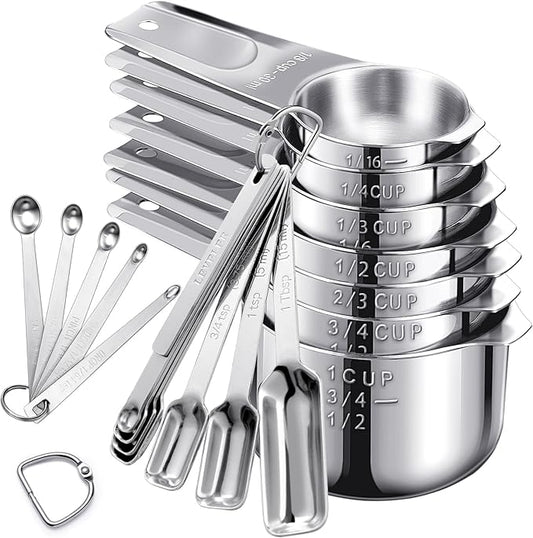 20Pcs Measuring Cups and Spoons Set, Includes 7pcs Stainless Steel Measuring Cups, 12 Measuring Spoons with Leveler for Cooking & Baking, Dishwasher Safe