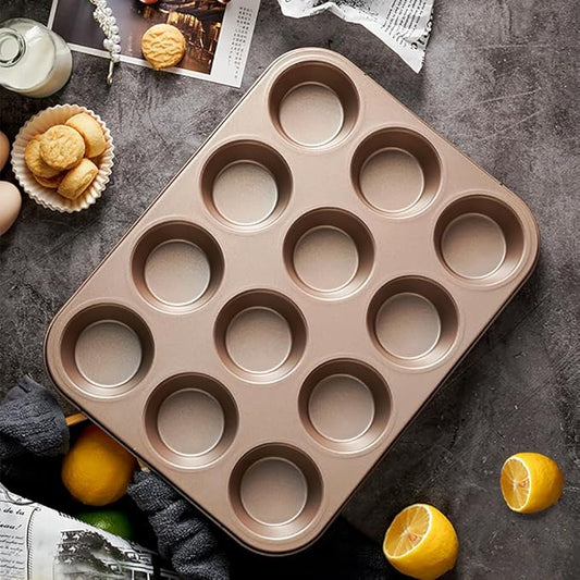 Cayanmydery 12-Cup Muffin Pan Tin for Baking, 2 Packs Nonstick Cupcake Pan Tin, Cup Cake Tray, Cheesecake Pans, Gold