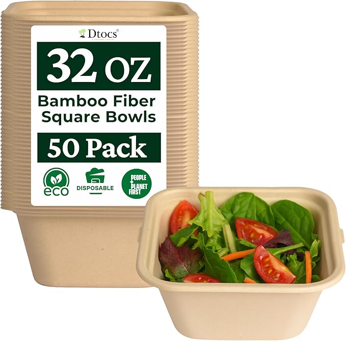 Dtocs Bamboo Fiber Disposable Bowls – 32 Oz, 50 Pk | Bamboo Square Bowl | Microwavable Bagasse Bowl like Soup, Cake, Salsa, Salad bowls | Disposable Dinnerware Sub Paper, Plastic, Styrofoam, Leaf