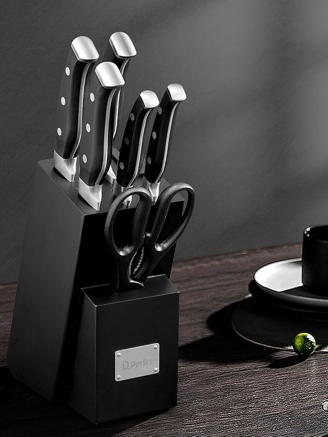 Knife Set, D.Perlla 7 Pieces Kitchen Knife Set with Built-in Sharpener, Stainless Steel Knives Block Set with Unique Waved Pattern, Non-slip Handle, Black