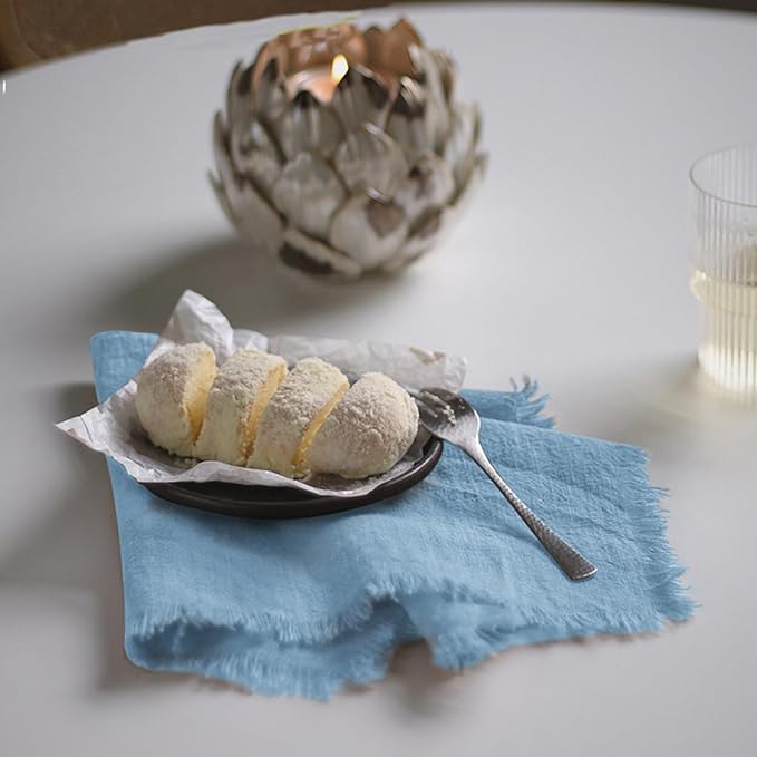 Handmade Cloth Napkins 100% Cotton Napkins with Fringe，Delicate Handmade Cloth Napkins for Dinners, Parties, Weddings and More，18 x 18 Inch Set of 4 - Blue