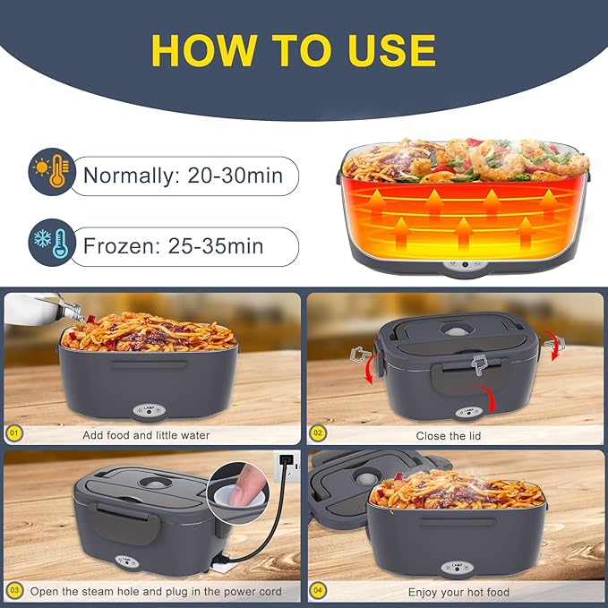 Electric Lunch Box Food Heater for Adults 80W Portable Food Warmer for Car/Home 1.5L Heated Lunch Box for Adults, 12V/24V/110V Loncheras para Hombres de Trabajo lonchera eléctrica portátil