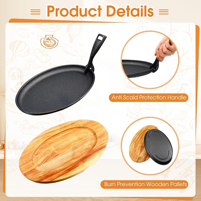 FoldTier 6 Sets Cast Iron Skillet Set 10.63'' x 6.89'' Fajita Plate Sizzling Pan with Wooden Base Anti Scald Protection Removable Handle for Restaurant Kitchen Cooking Accessory BBQ Party