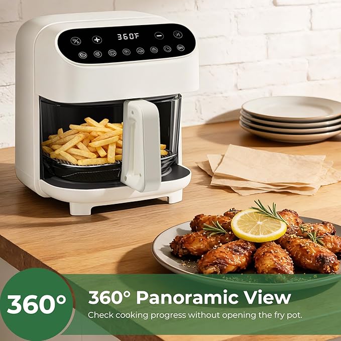 Havato 5 Quart Glass Air Fryer, Non-Toxic High Borosilicate Glass Basket with No Coating, Air Fryer Oven with 8 Preset Modes, PTFE/PFAS Free, Visible Window, Dishwasher Safe, White