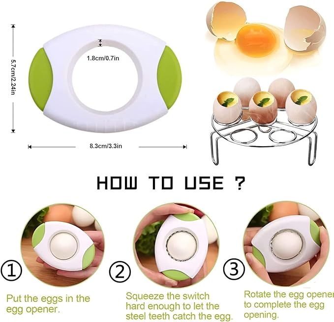 Egg Shell Cutter and Breaker, Food Grade Plastic, White and Multi-Color Accents, Manual Opener with Stainless Steel Teeth (Green)