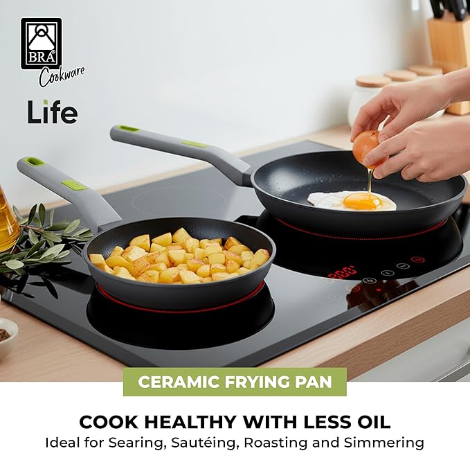 BRA COOKWARE Life 2 Ceramic Nonstick Frying Pan Set | 8+10.2 Inch Recycled Cast Aluminum Skillets | Ceramic Non-Stick Fry Pans | PFOA Free Searing Skillets | All Cooktops | Soft-Touch Handle