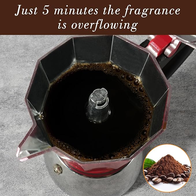 LAOION Stovetop Espresso Maker, 3Cup Moka Pot, Espresso Machine Compatible with Induction Cooktops, 150ml Stainless Steel & Aluminum Cuban Coffee Maker for Cafetera Cubana, Red