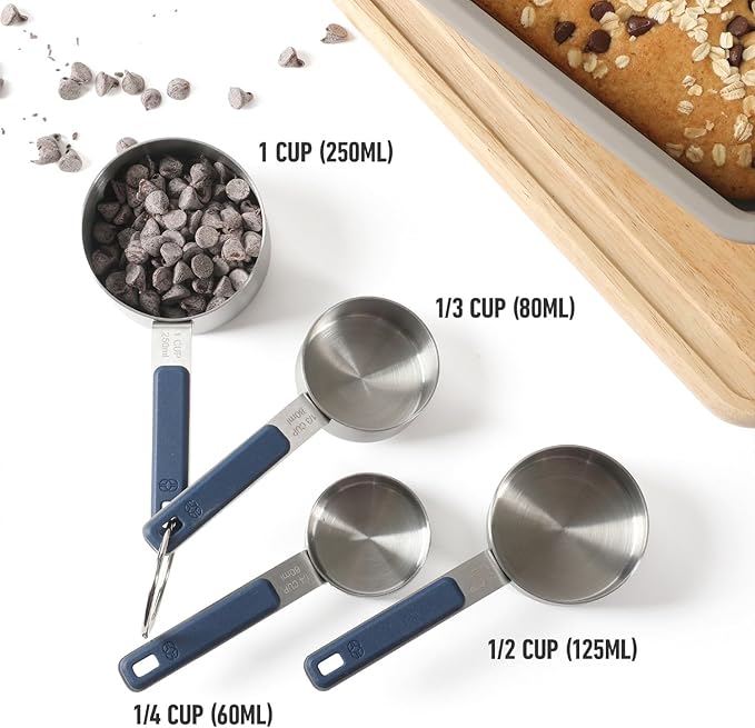 Calphalon Prime 4 Piece Stainless Steel Measuring Cups W/Navy Blue Silicone Handles