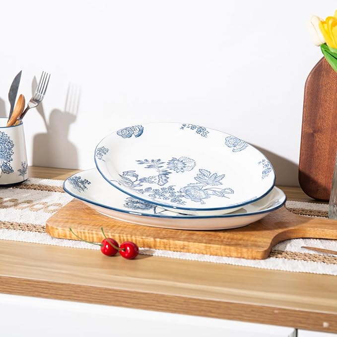 Ceramic Serving Platter, 13.7 Inch Large Oval Serving Trays, Dinner Plates, Dish Set for Dessert Appetizers Meat/Entertaining/Party, Blue and White, Set of 2