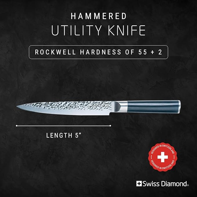 Swiss Diamond Utility Knife, German Steel With ABS Handle, Half Tang Handle, Hammered Blade Chef Knives Professional Grade, 55+2 Rockwell Hardness, 5 Inch