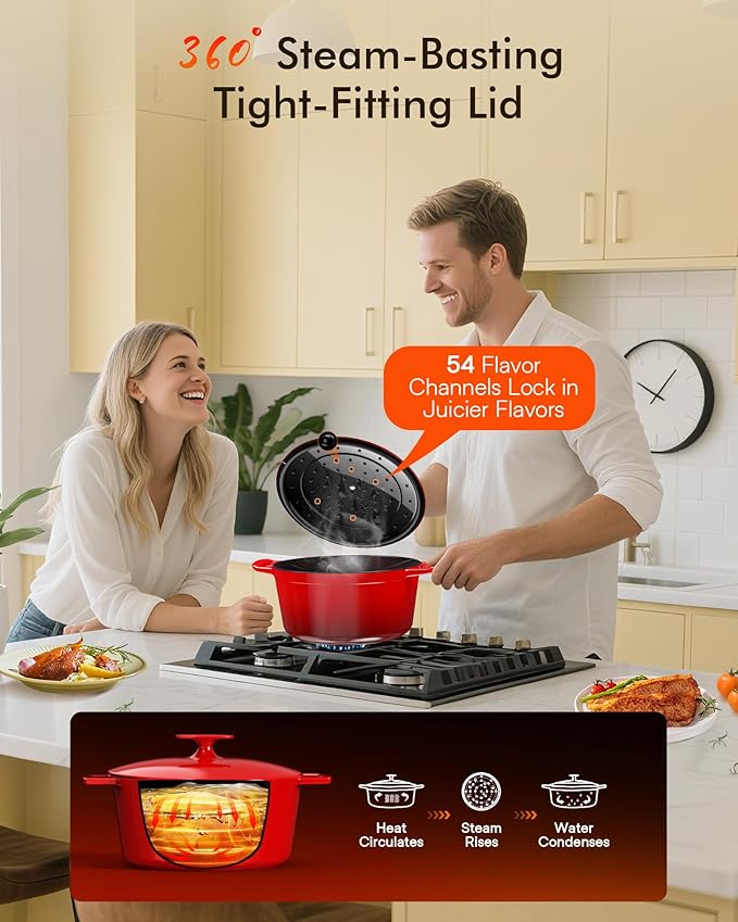 Nuwave 6QT LUX Healthy Enameled Cast Iron Dutch Oven Pot with Lid, Heavy Duty 7-Layer Enamel, Enhanced Rust Protection, Dual Handles, Oven Safe to 500°F for Sourdough Bread Baking, Braise, Stew, Roast