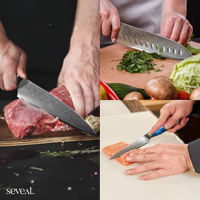 Damascus Kitchen Knife Set, 67-Layer Damascus Steel, 3-Piece Professional Set: 13” Chef, 12.3” Santoku & 9.8” Utility Knife, Ergonomic Wood & Resin Handle, Ideal for Gifting (Blue, 3 pieces)