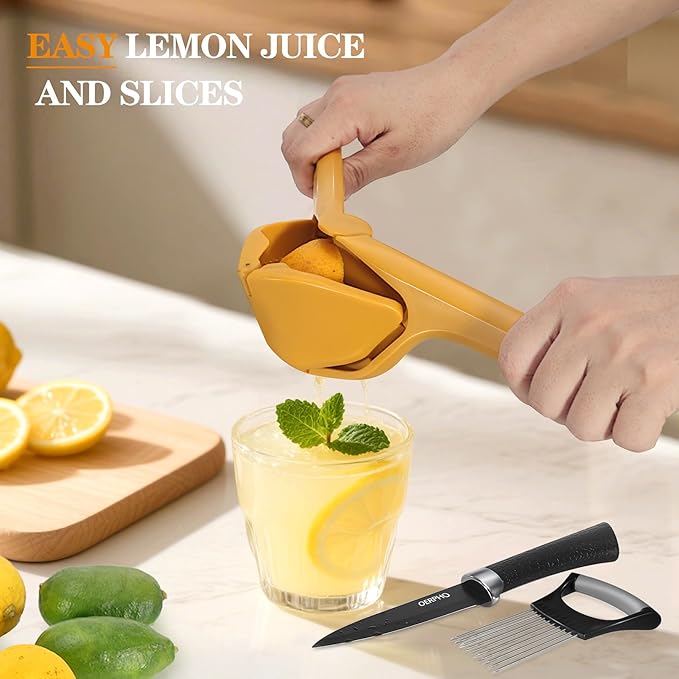 Lemon Squeezer, Lemon Juicer, Flat Lime Squeezer Manual, Hand Juicer Press, Lemons Slicer and Paring Knife, Easy to Use Fruit Citrus Press for Lemons, Citrus, Lime, Orange (Yellow)